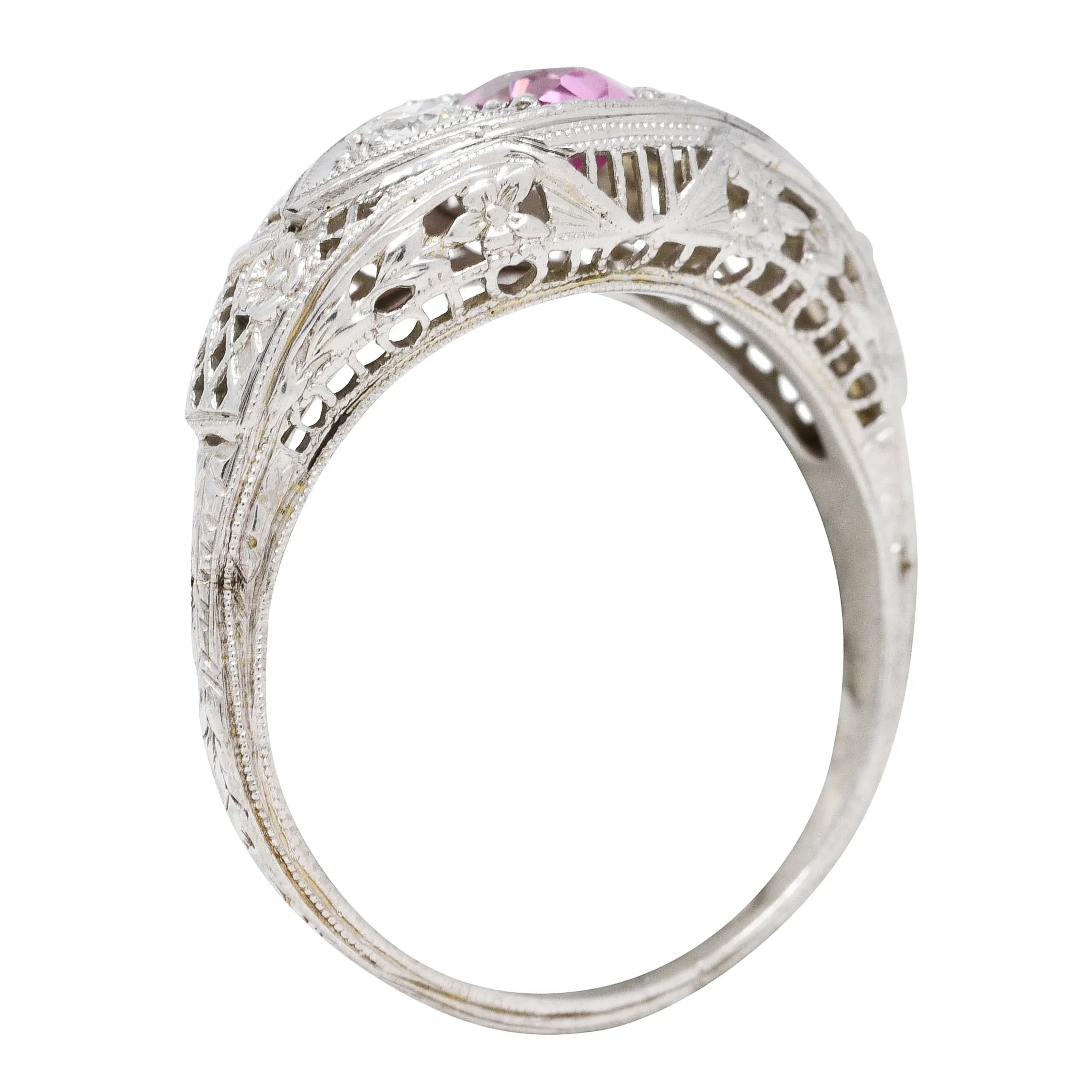 Art Deco 0.80 CTW Oval Cut Pink Sapphire Diamond 18 Karat White Gold Floral Garland Three Stone Ring