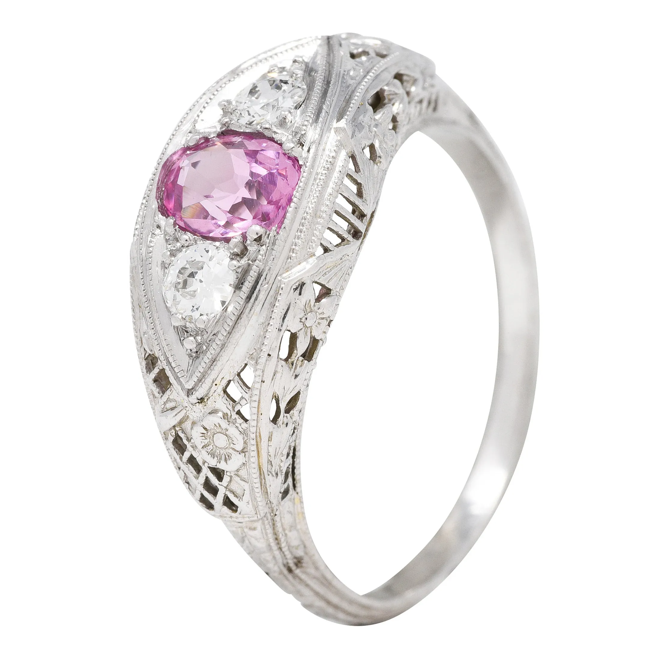 Art Deco 0.80 CTW Oval Cut Pink Sapphire Diamond 18 Karat White Gold Floral Garland Three Stone Ring