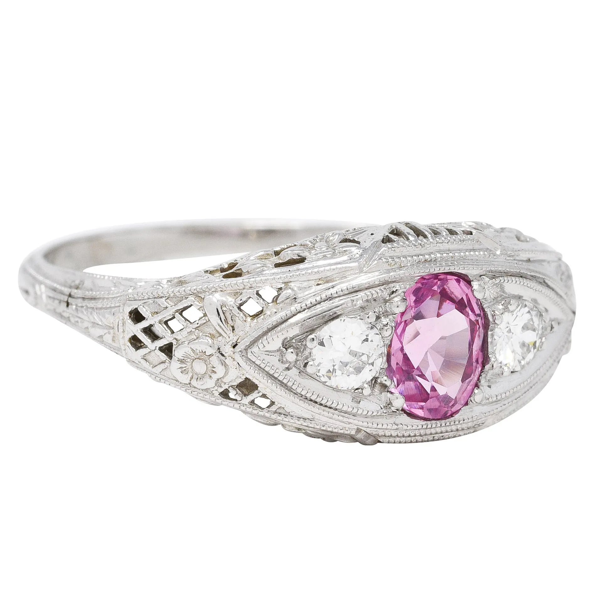 Art Deco 0.80 CTW Oval Cut Pink Sapphire Diamond 18 Karat White Gold Floral Garland Three Stone Ring