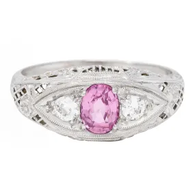 Art Deco 0.80 CTW Oval Cut Pink Sapphire Diamond 18 Karat White Gold Floral Garland Three Stone Ring