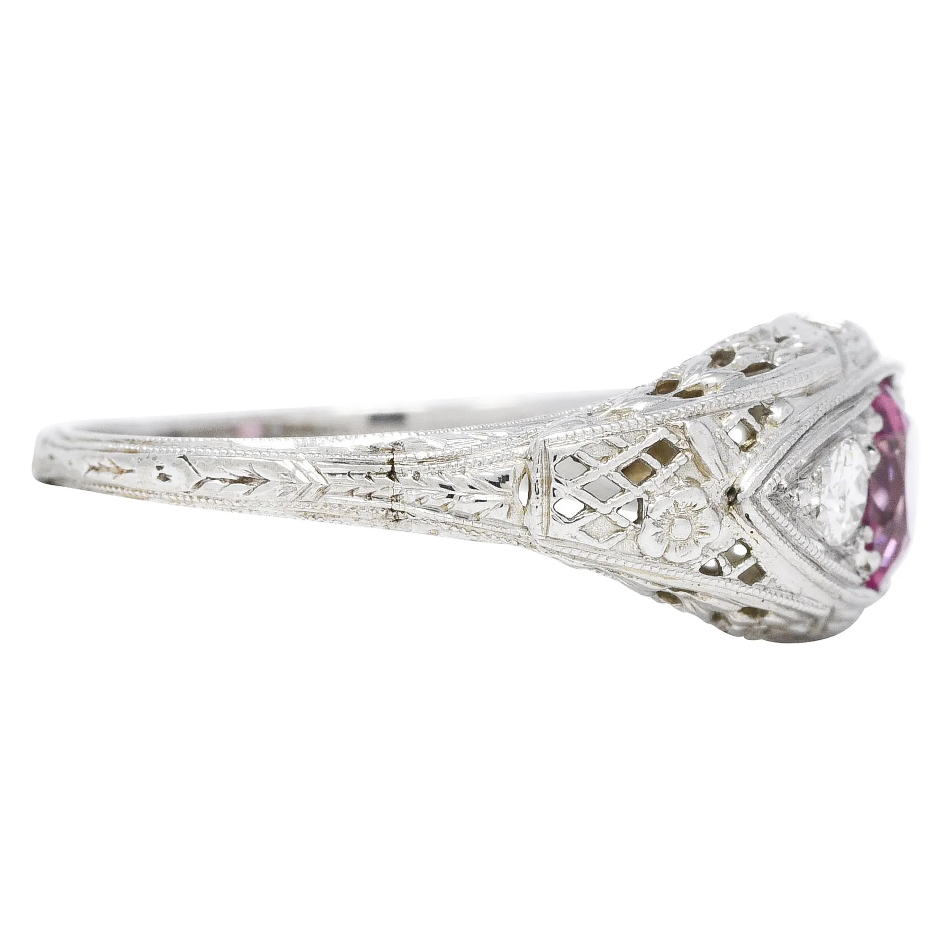 Art Deco 0.80 CTW Oval Cut Pink Sapphire Diamond 18 Karat White Gold Floral Garland Three Stone Ring