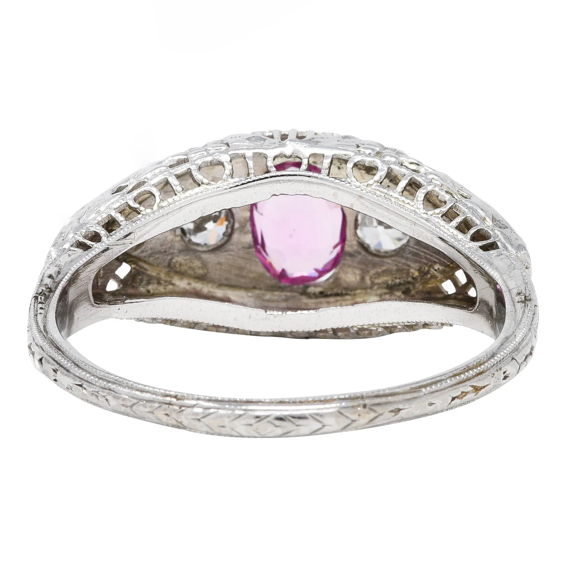 Art Deco 0.80 CTW Oval Cut Pink Sapphire Diamond 18 Karat White Gold Floral Garland Three Stone Ring