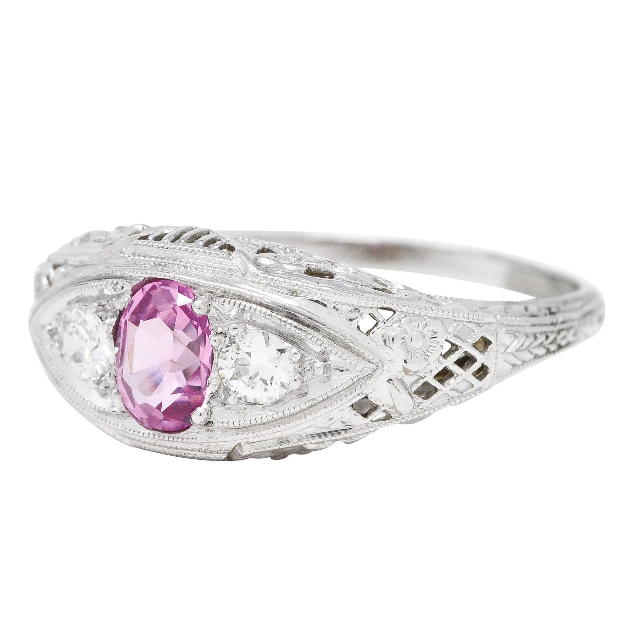 Art Deco 0.80 CTW Oval Cut Pink Sapphire Diamond 18 Karat White Gold Floral Garland Three Stone Ring