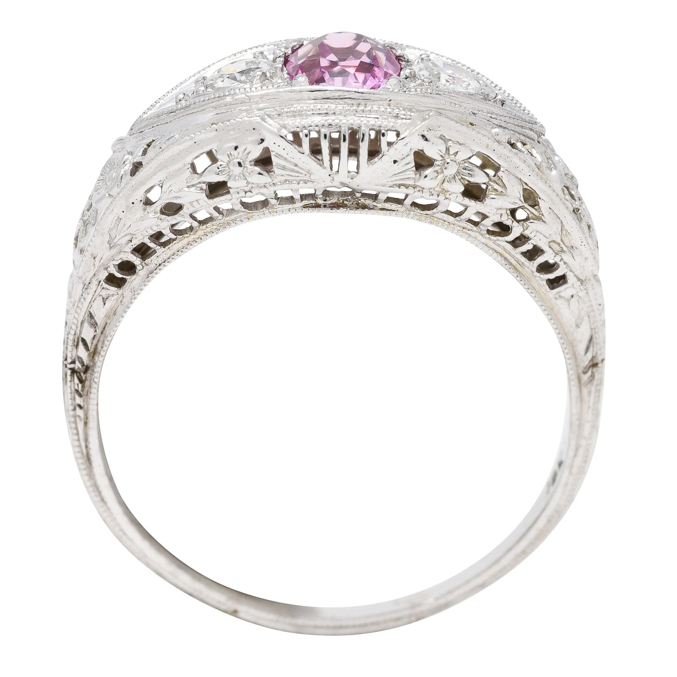 Art Deco 0.80 CTW Oval Cut Pink Sapphire Diamond 18 Karat White Gold Floral Garland Three Stone Ring