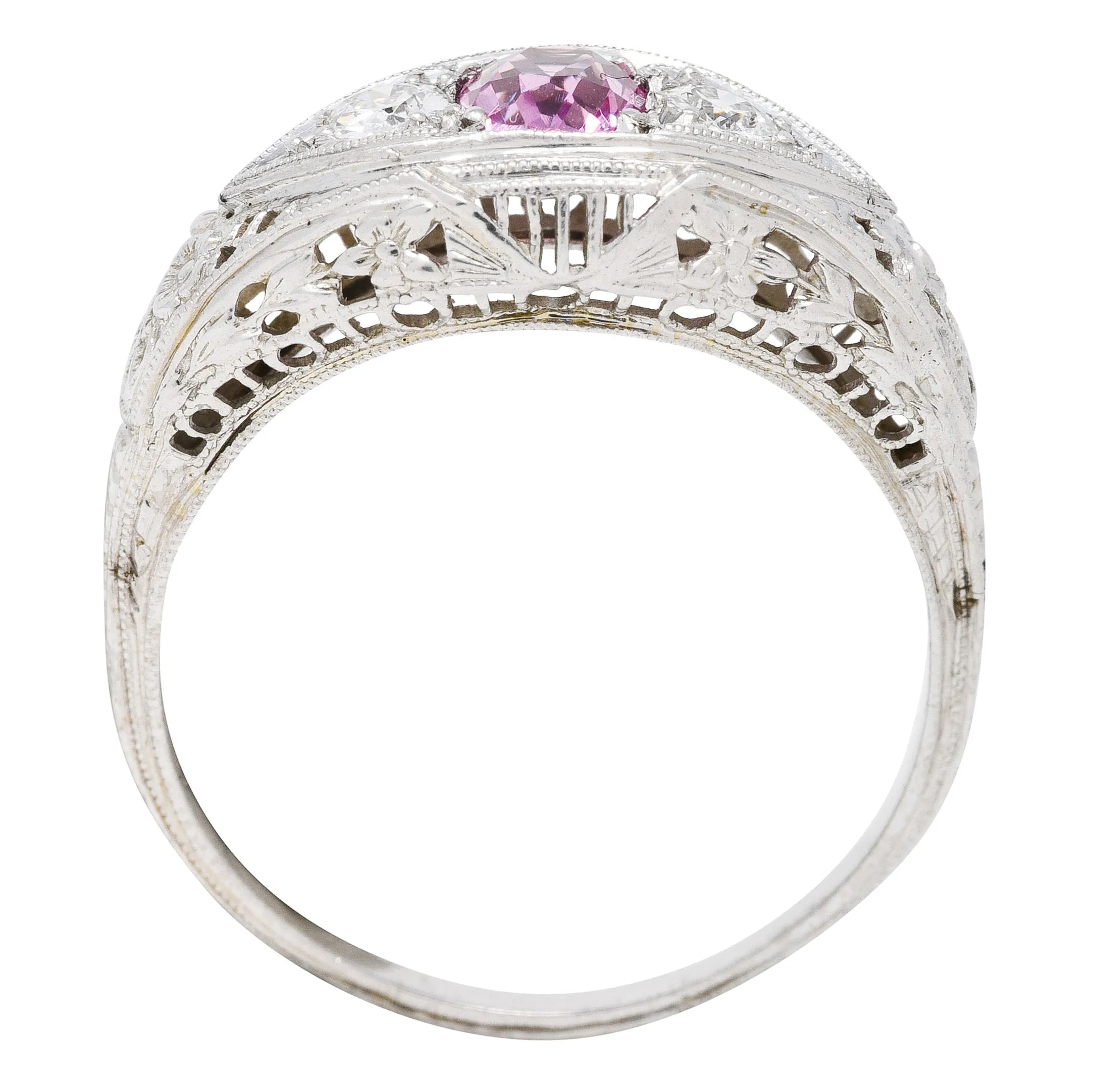 Art Deco 0.80 CTW Oval Cut Pink Sapphire Diamond 18 Karat White Gold Floral Garland Three Stone Ring