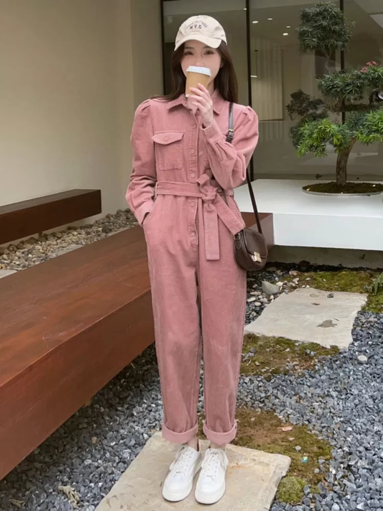 Ashore Shop Pink Corduroy Jumpsuit for Women   Spring Autumn   Loose Long Sleeve One Piece Pants Set