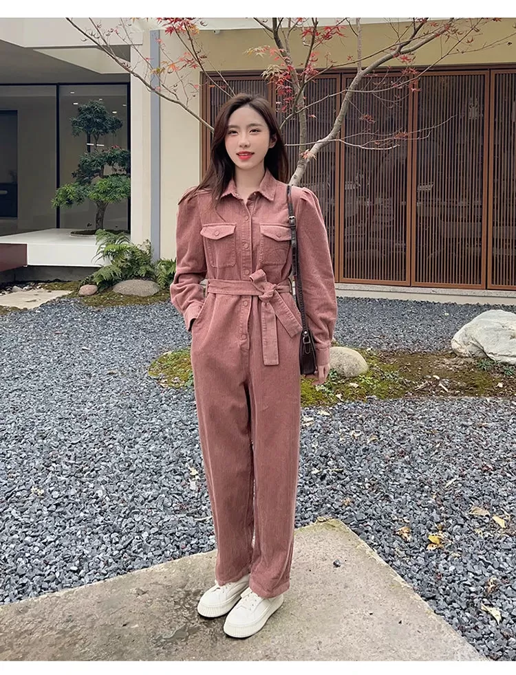 Ashore Shop Pink Corduroy Jumpsuit for Women   Spring Autumn   Loose Long Sleeve One Piece Pants Set