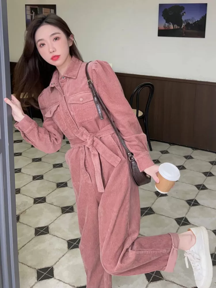 Ashore Shop Pink Corduroy Jumpsuit for Women   Spring Autumn   Loose Long Sleeve One Piece Pants Set