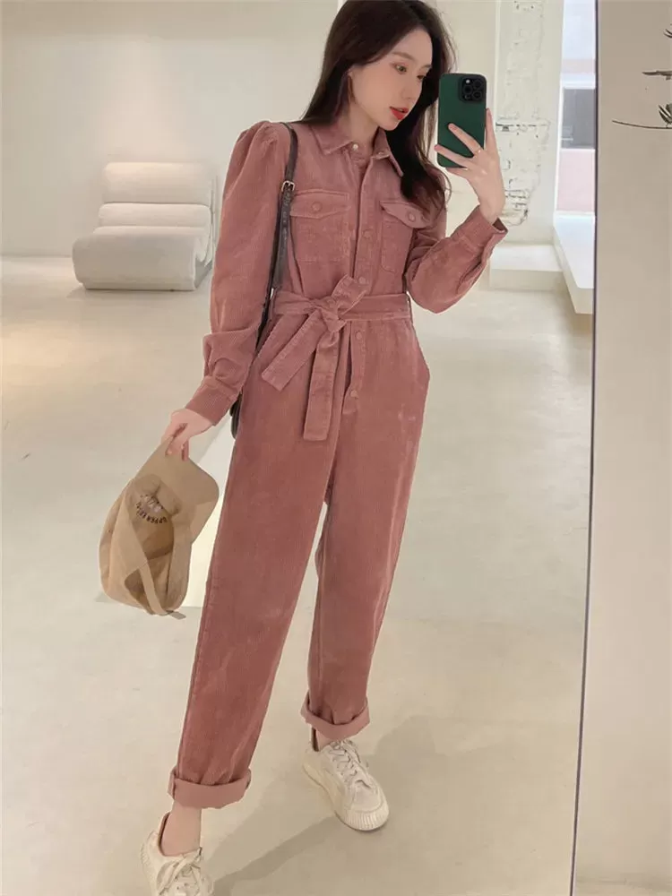 Ashore Shop Pink Corduroy Jumpsuit for Women   Spring Autumn   Loose Long Sleeve One Piece Pants Set