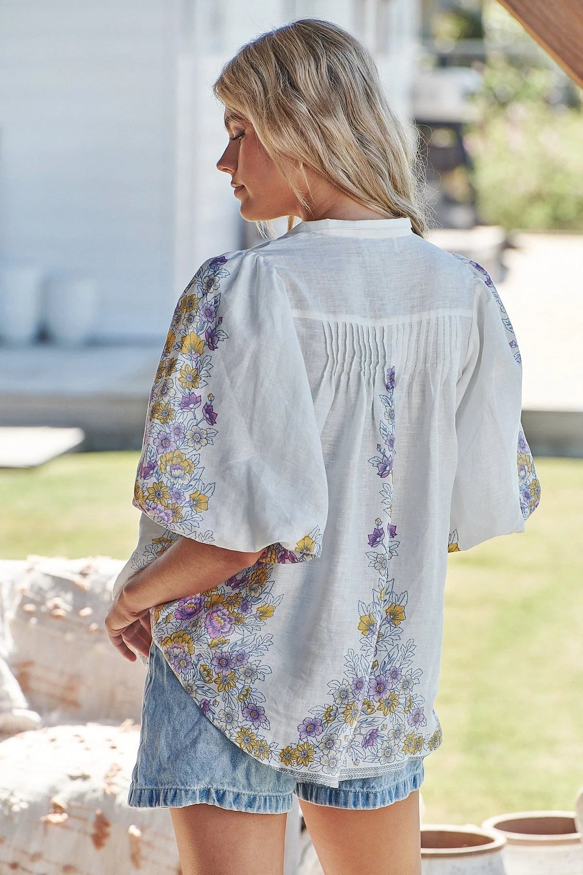 Birdie Blouse Top - Daylilies 'White Linen' Collection