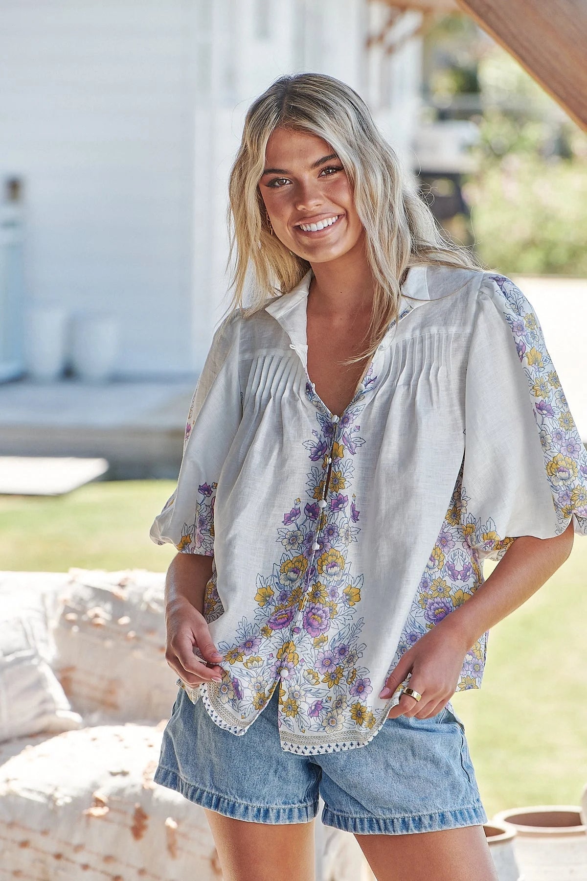 Birdie Blouse Top - Daylilies 'White Linen' Collection