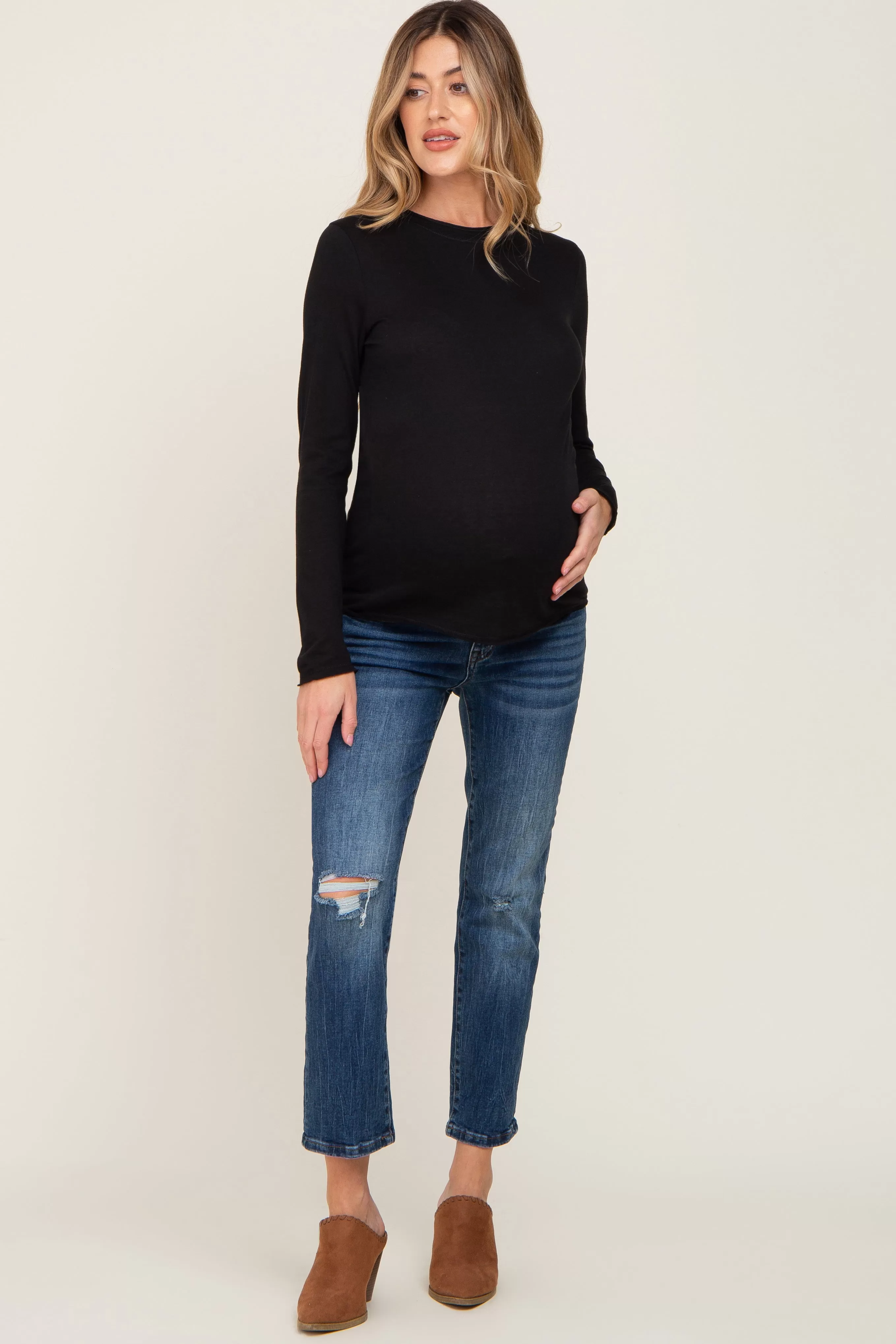 Black Basic Raw Hem Maternity Long Sleeve Top