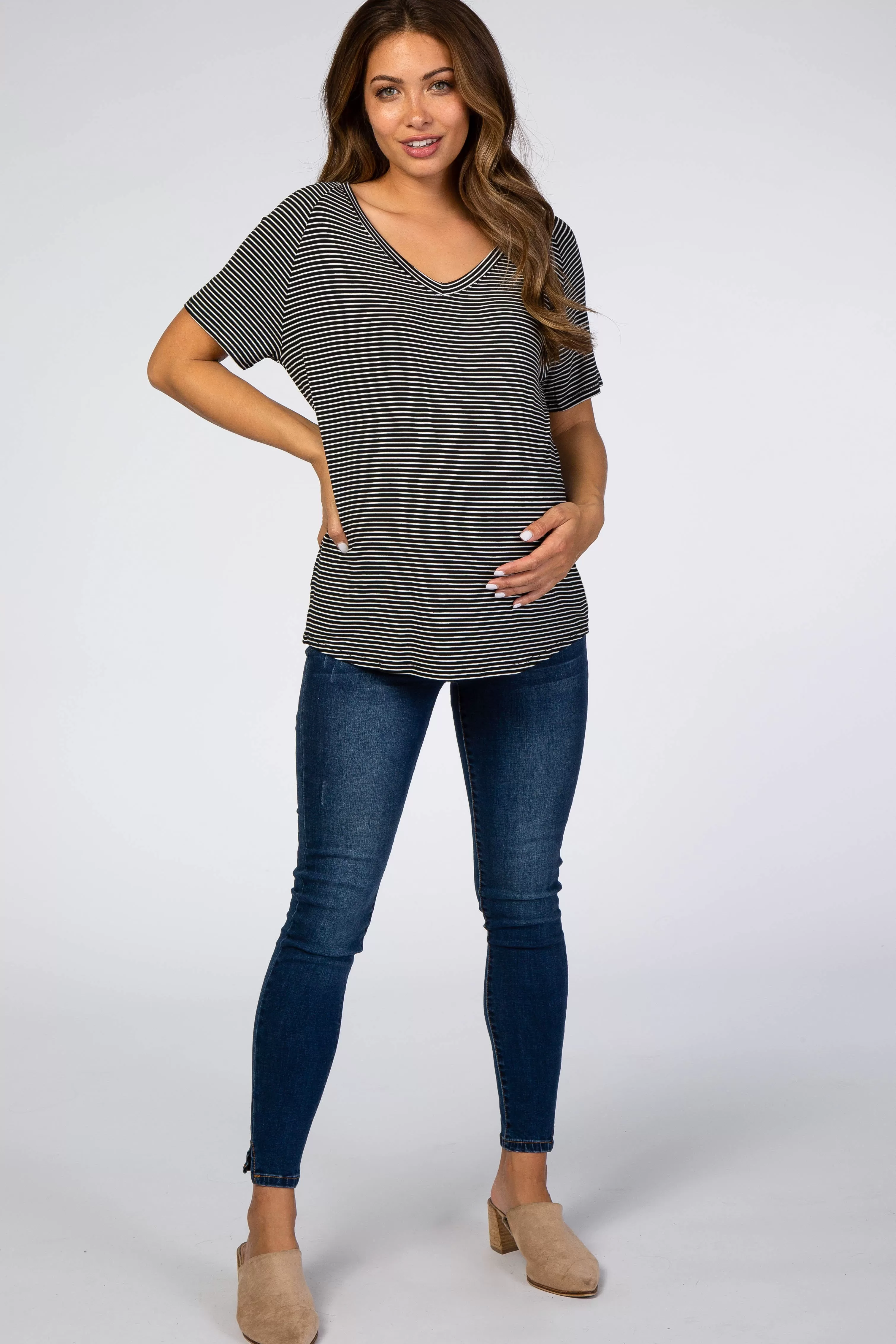 Black Striped V-Neck Maternity Short Sleeve Top