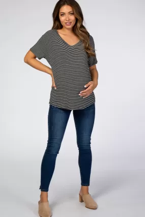 Black Striped V-Neck Maternity Short Sleeve Top