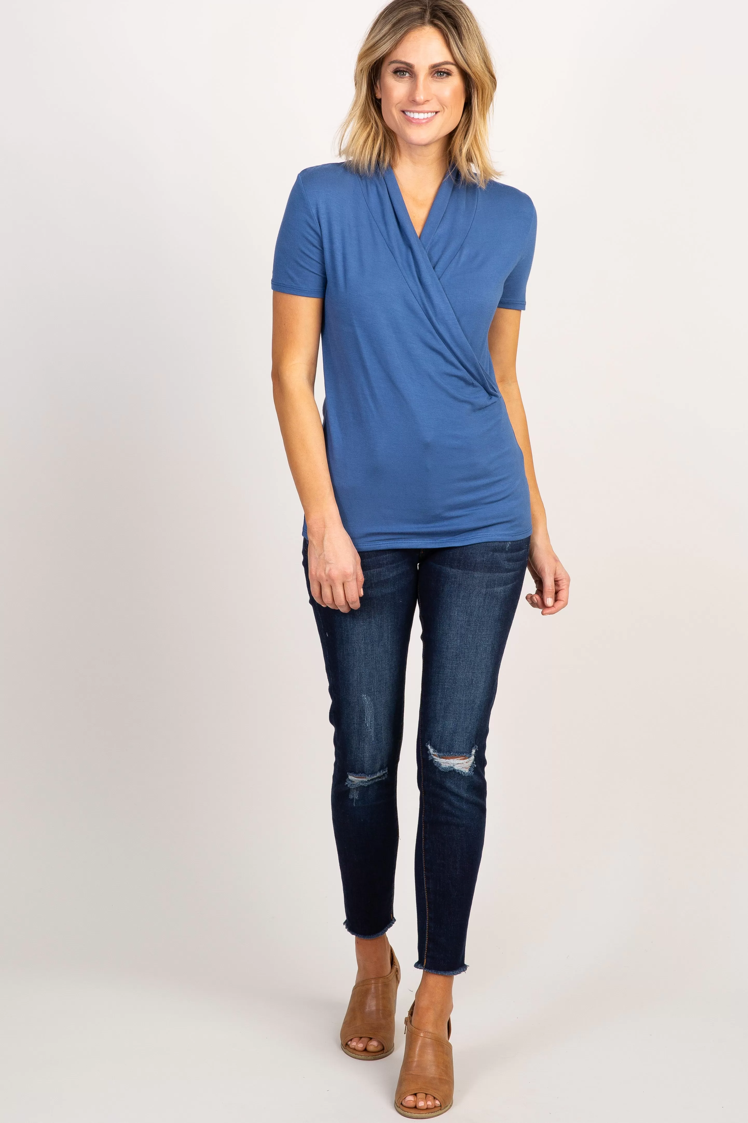 Blue Solid Short Sleeve Wrap Front Maternity/Nursing Top