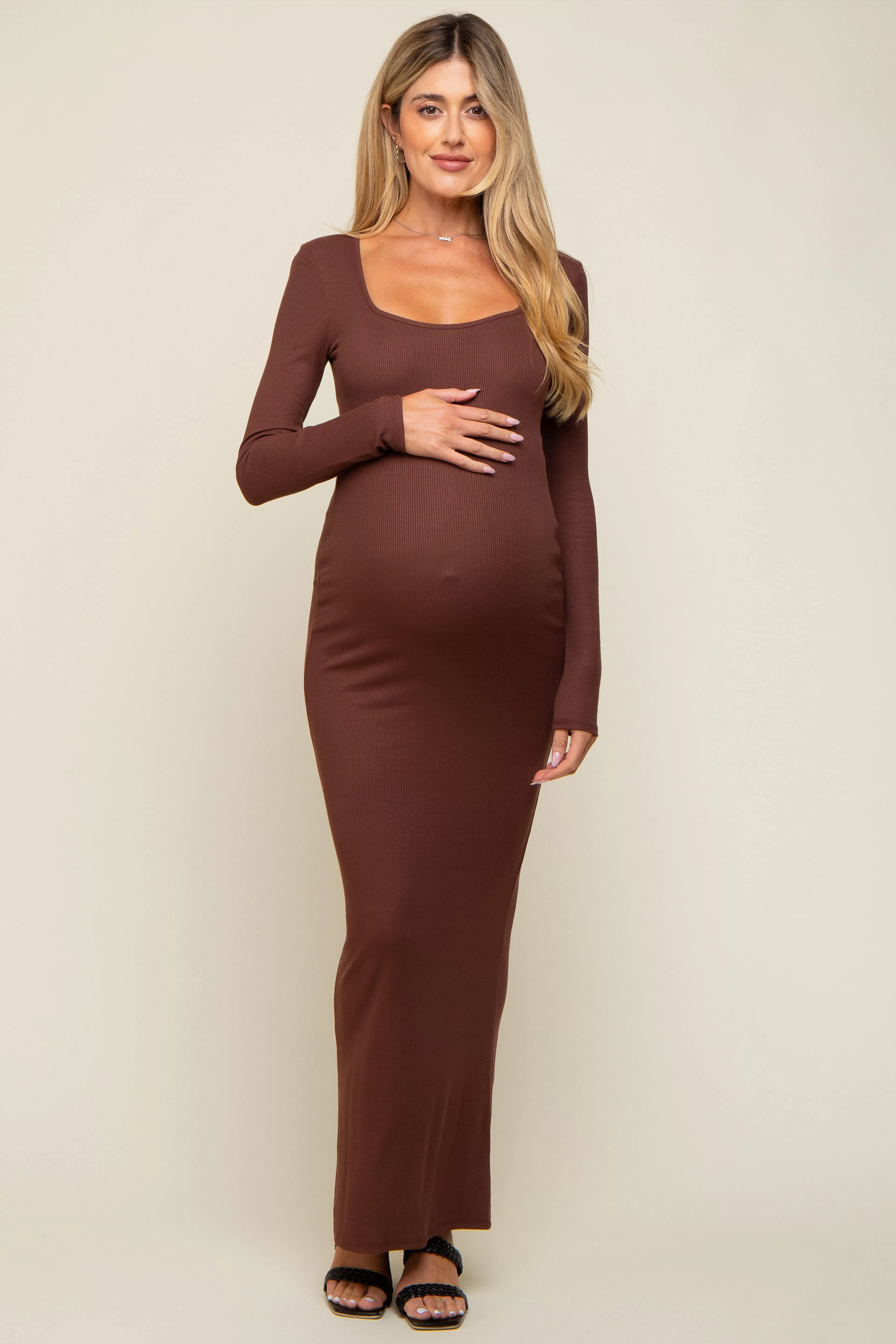 Brown Ribbed Long Sleeve Square Neck Maternity Maxi Dress