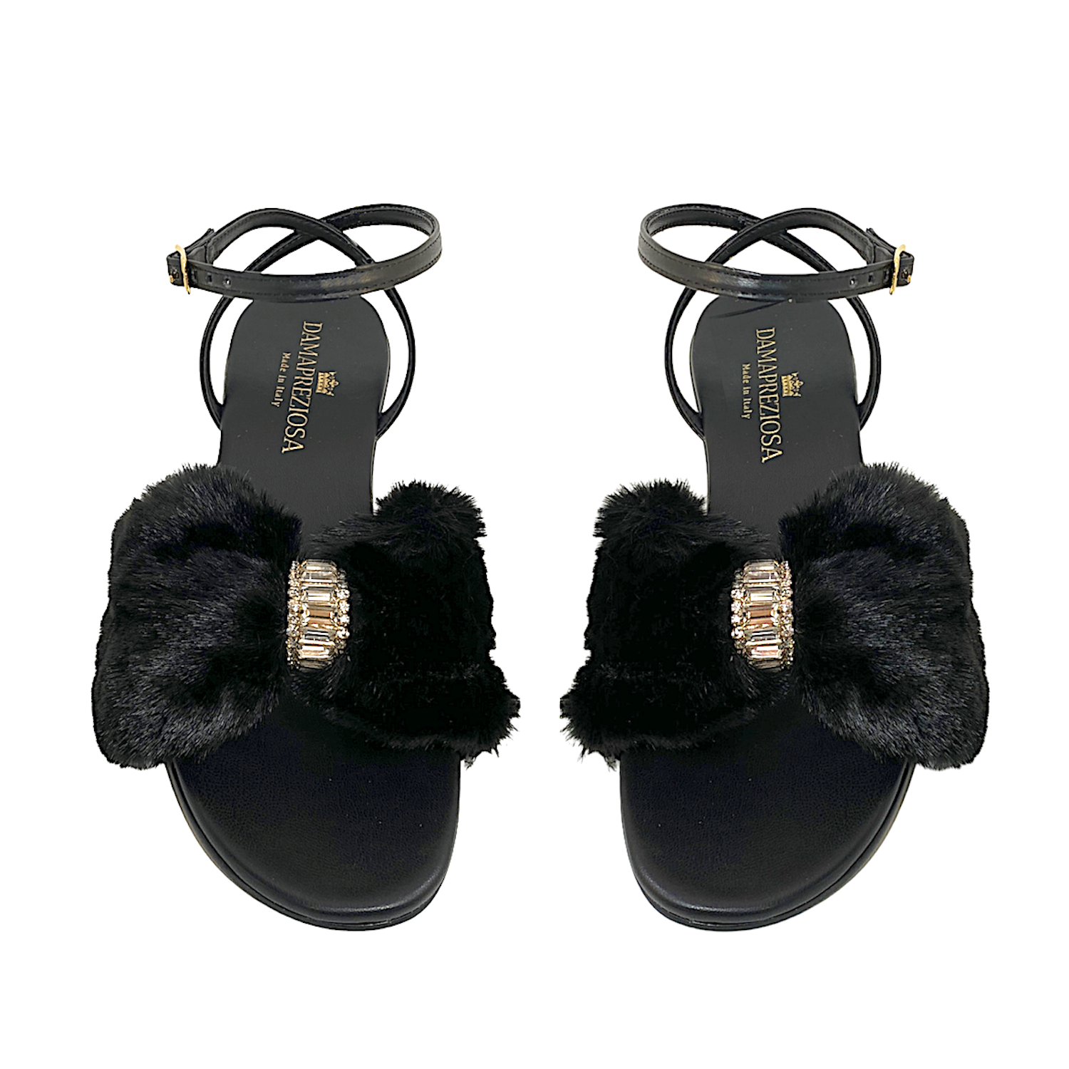 Camilla sandal in black faux fur with crystals