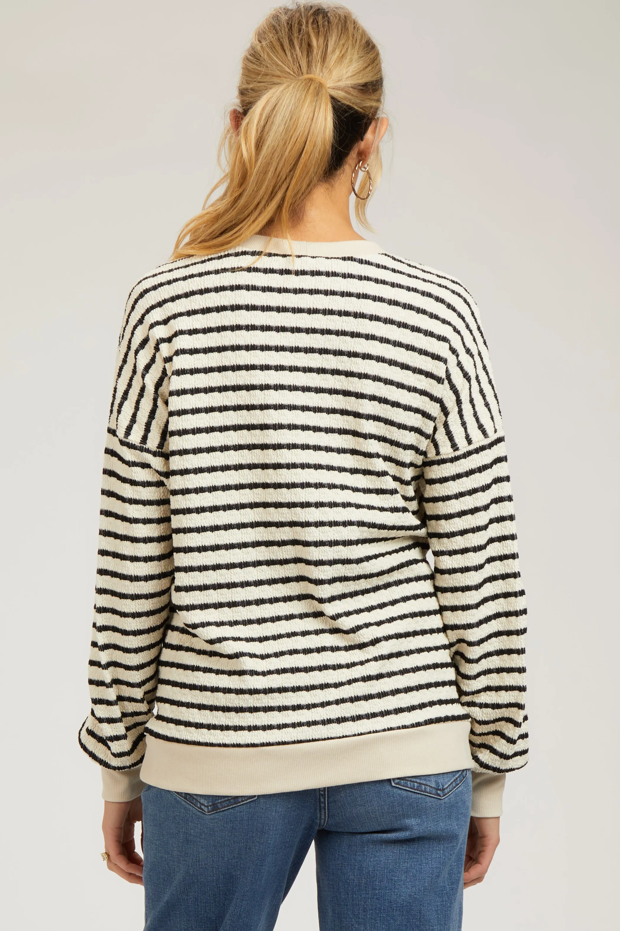 Cream Striped Textured Long Sleeve Maternity Top