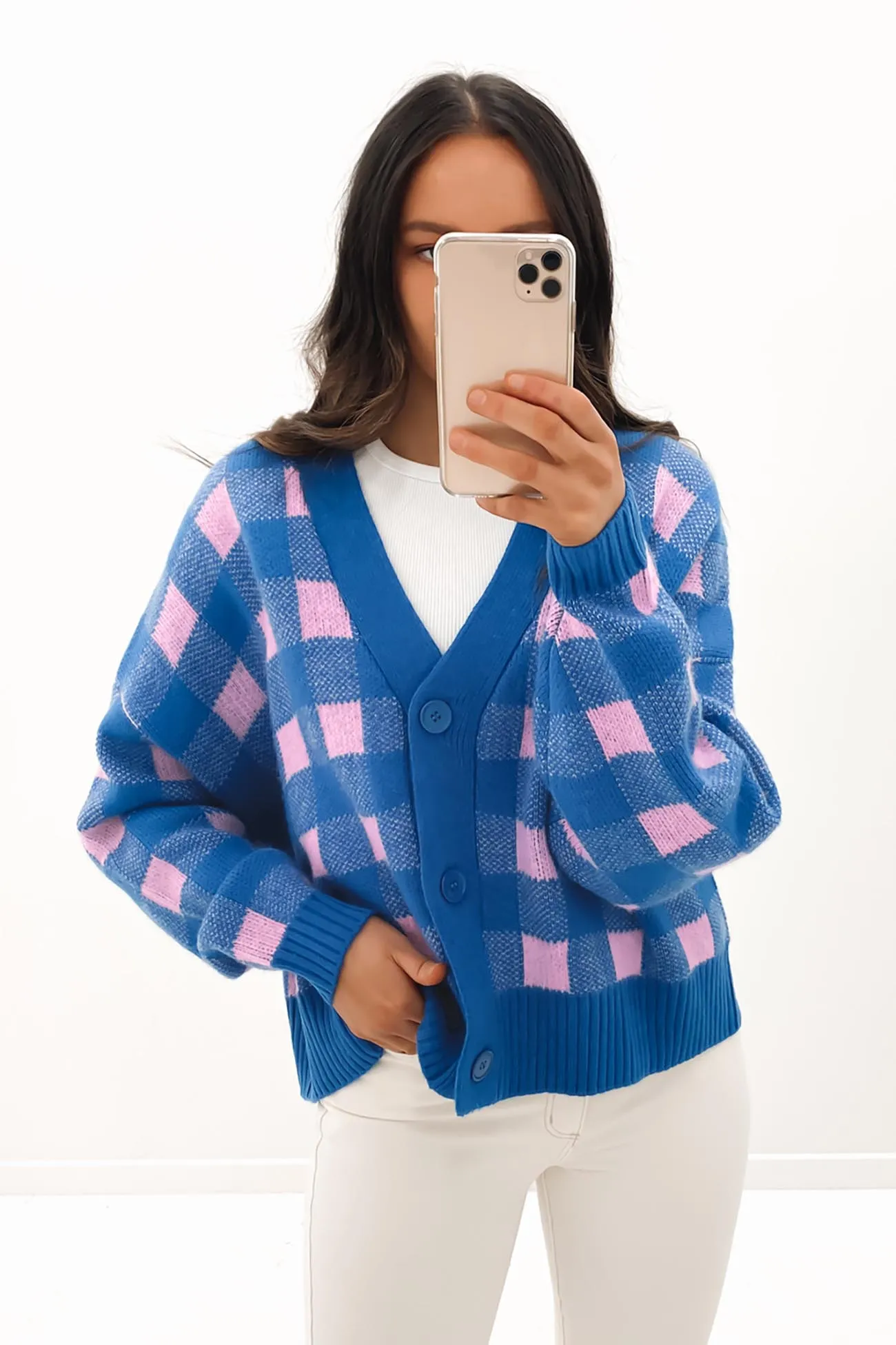 Elena Cardigan Pink Blue Check