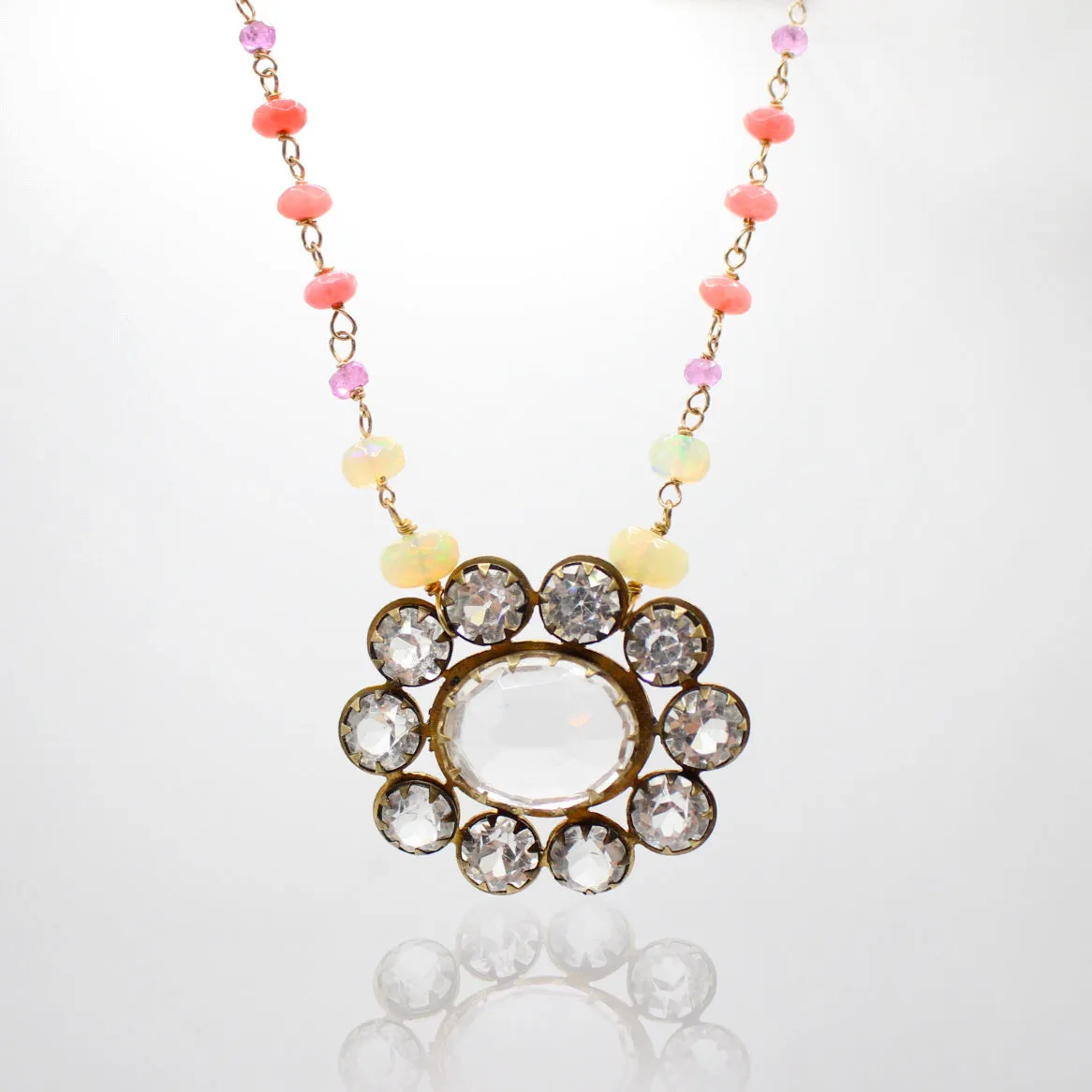 Elizabeth Floral Burst Georgian Glass Coral Opal Pink Sapphire Wire-Wrapped  Chain