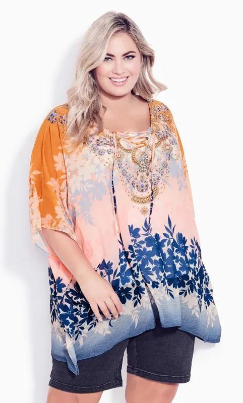 Evans Pink & Orange Floral Print Embellished Hanky Hem Top