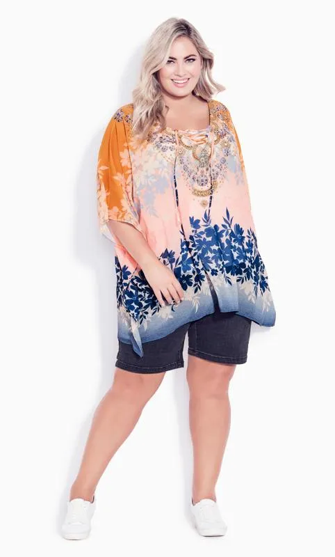 Evans Pink & Orange Floral Print Embellished Hanky Hem Top