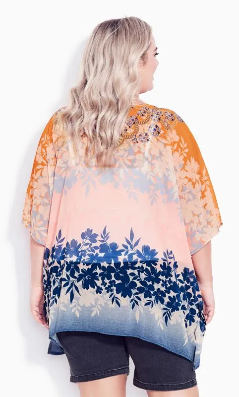 Evans Pink & Orange Floral Print Embellished Hanky Hem Top