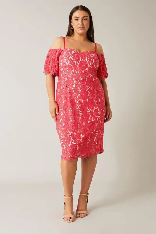 Evans Pink Floral Lace Cold Shoulder Midi Dress