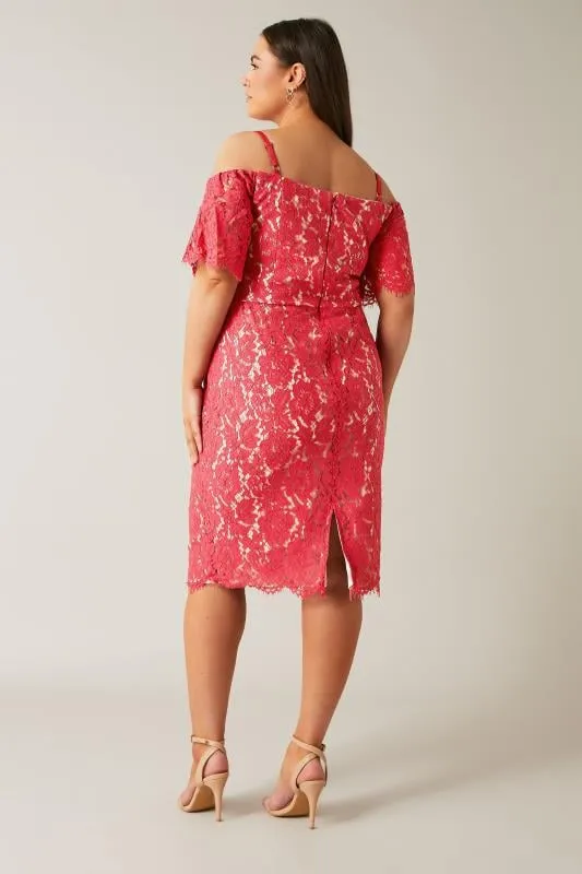 Evans Pink Floral Lace Cold Shoulder Midi Dress