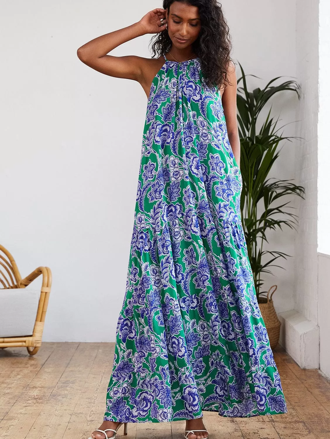 Everly Positano Print LENZING ECOVERO Halterneck Maxi Dress | Green & Blue