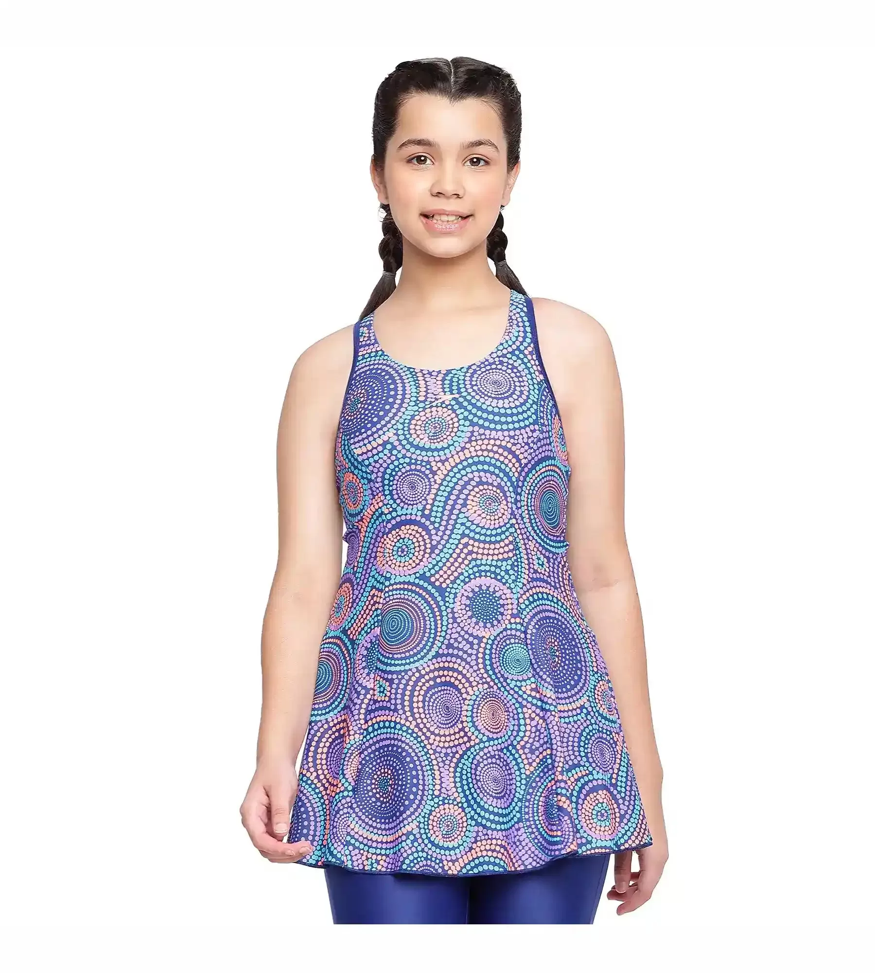 Girl's Endurance Printed Swimdress With Boyleg - Ammonite & Soft Coral