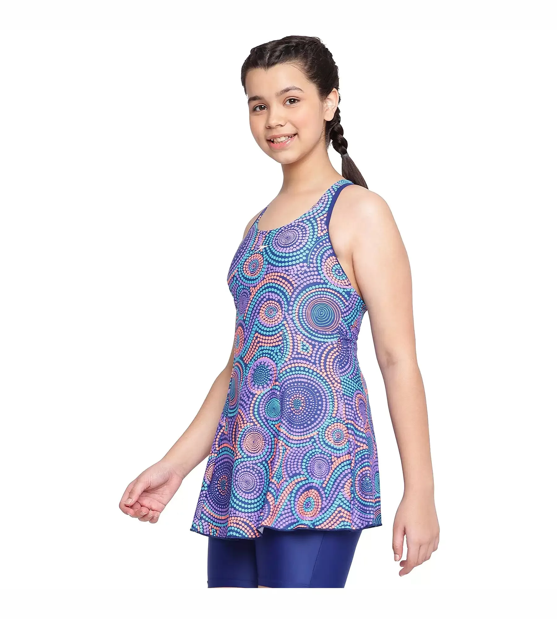 Girl's Endurance Printed Swimdress With Boyleg - Ammonite & Soft Coral