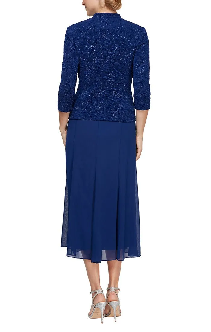 Glitter Jacquard Knit Jacket Dress with Tea-Length Mesh Skirt