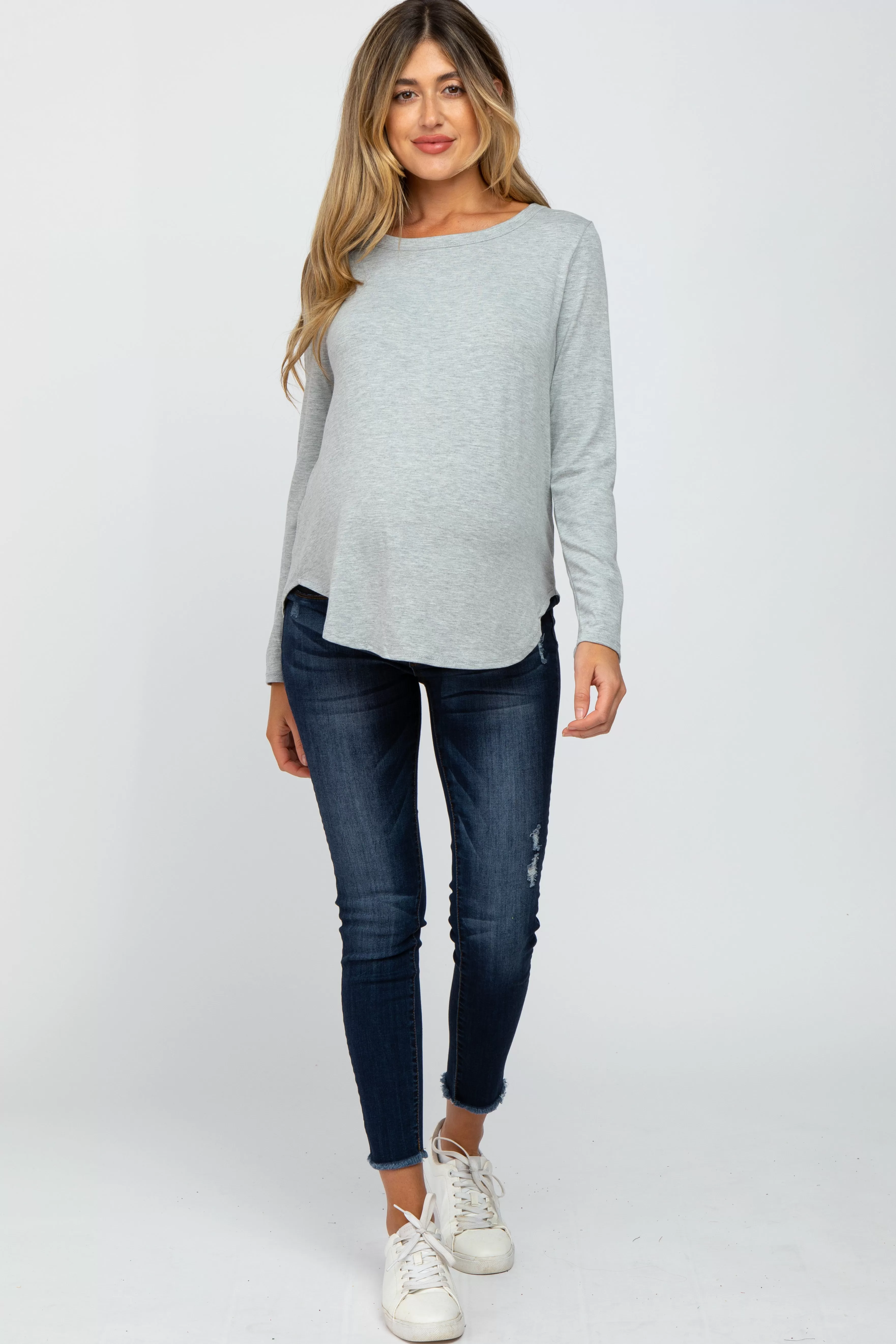 Heather Grey Basic Maternity Long Sleeve Top