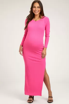 Hot Pink Ribbed Long Sleeve Side Slit Maternity Maxi Dress