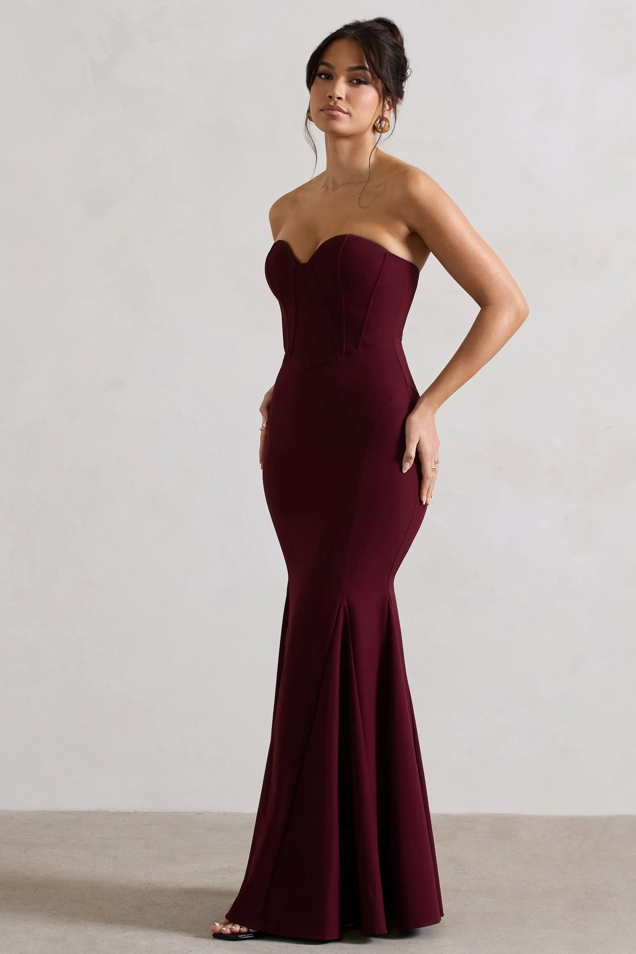 Idyllic | Burgundy Strapless Corset Style Fishtail Maxi Dress