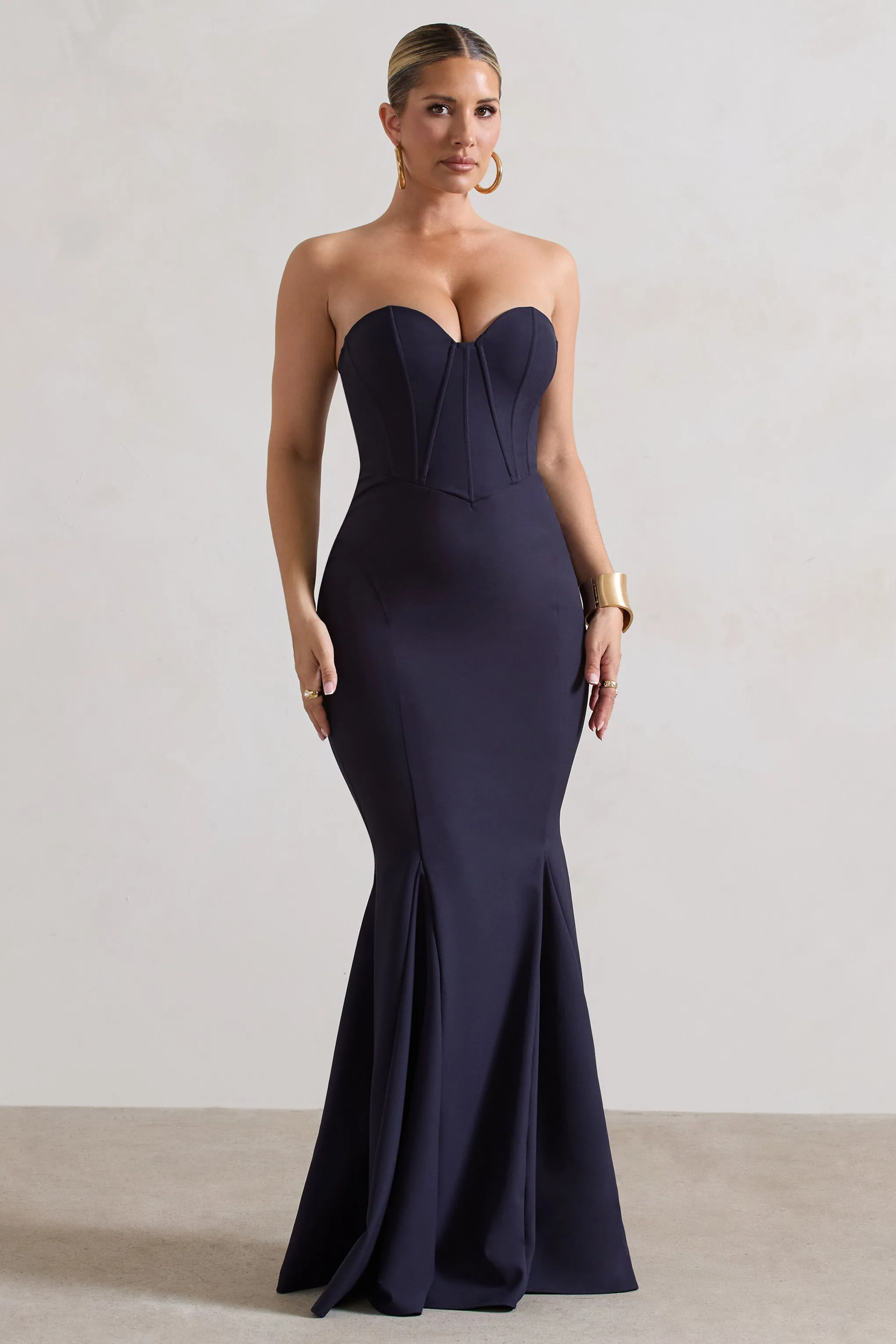 Idyllic | Navy Strapless Corset Style Fishtail Maxi Dress