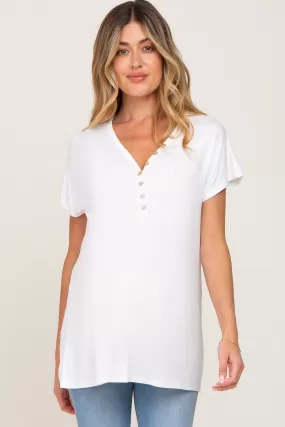 Ivory Button V-Neck Maternity Short Sleeve Top