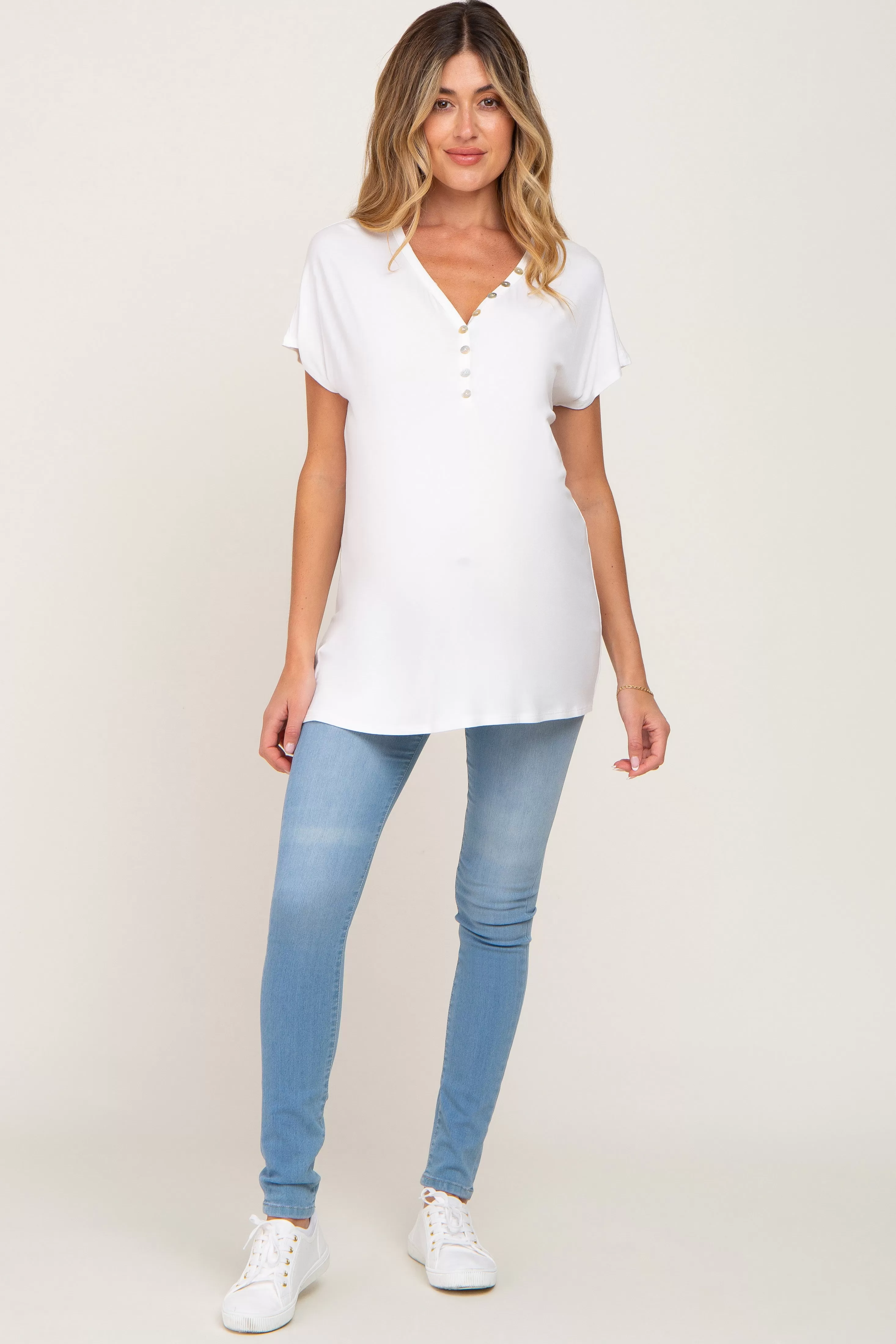 Ivory Button V-Neck Maternity Short Sleeve Top