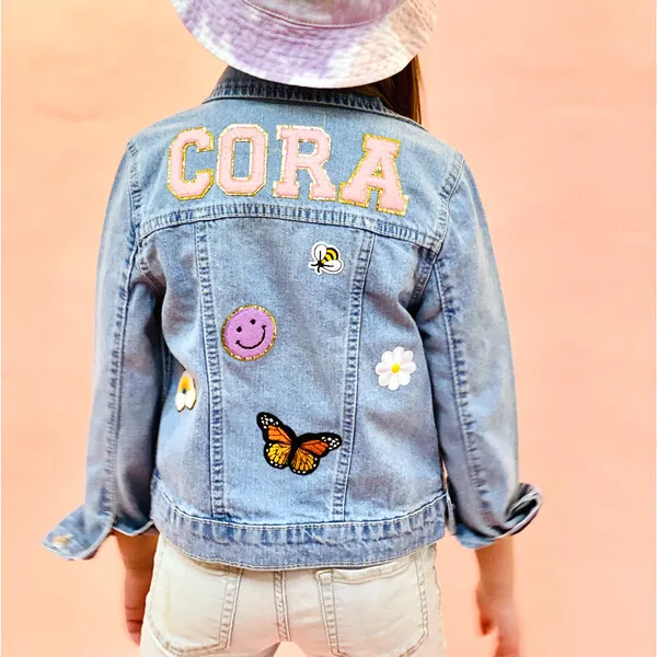 Little Chicken Custom Light Wash Denim Jacket, Pink Letters