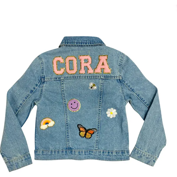 Little Chicken Custom Light Wash Denim Jacket, Pink Letters