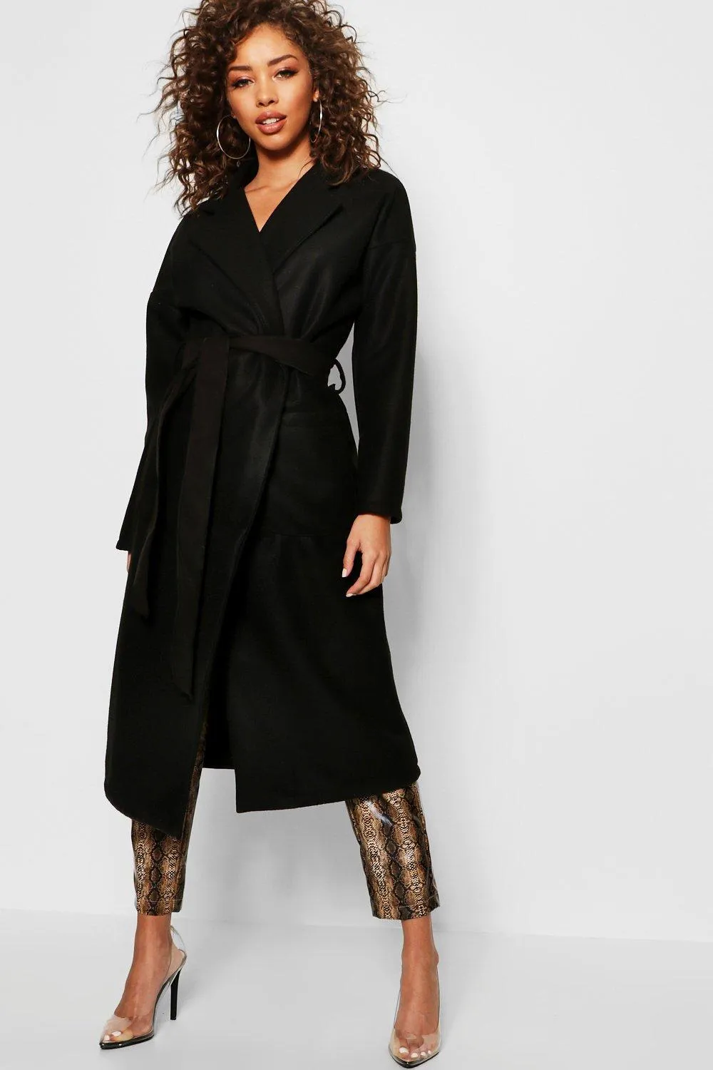 Longline Belted Wool Look Coat