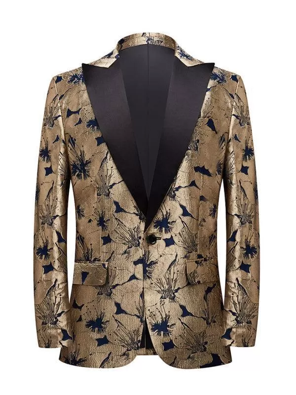 Men Blazer - Gold Pattern Tuxedo Blazer