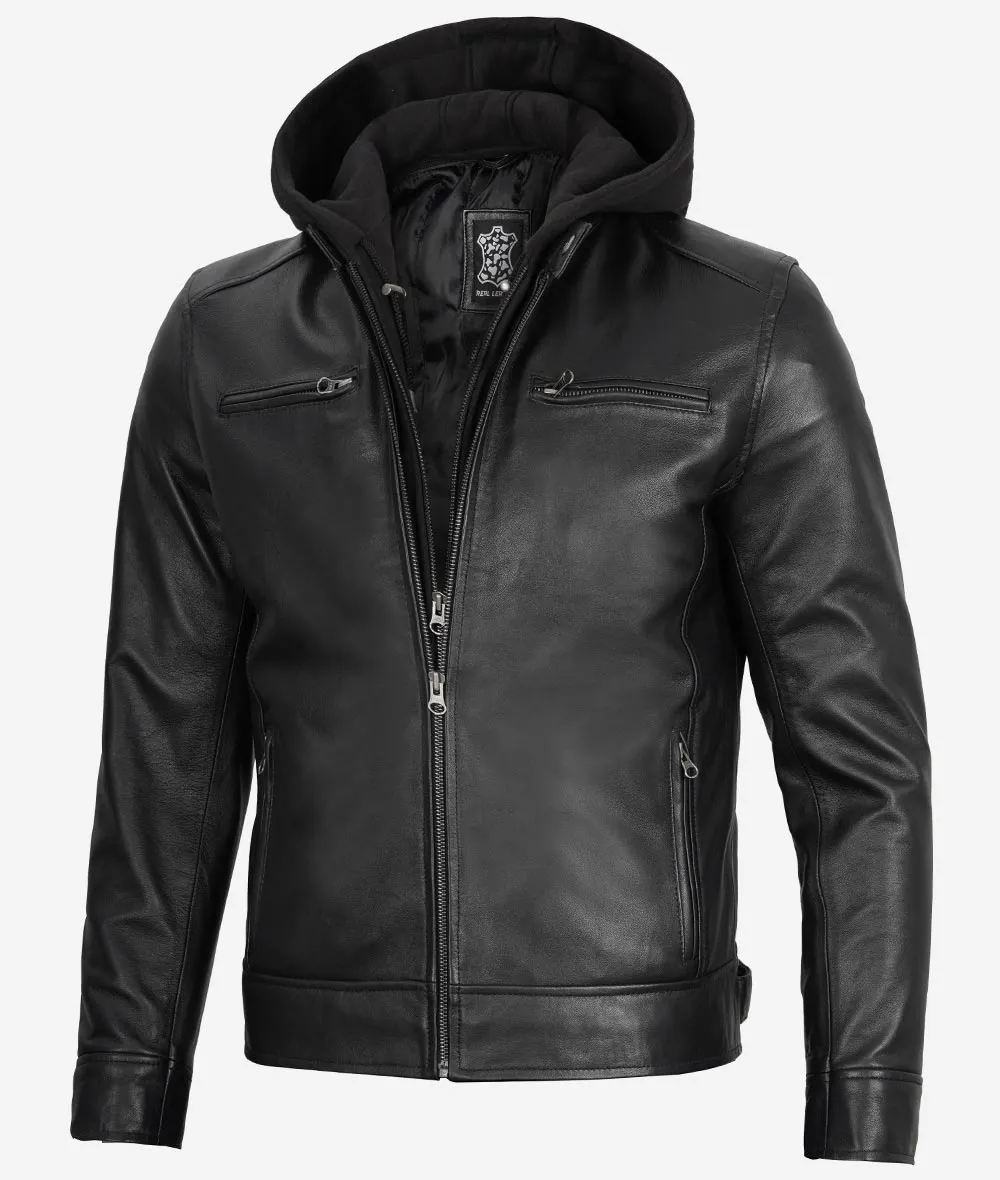 Men's Black Leather Jacket with Removable Hood