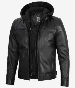 Men's Black Leather Jacket with Removable Hood