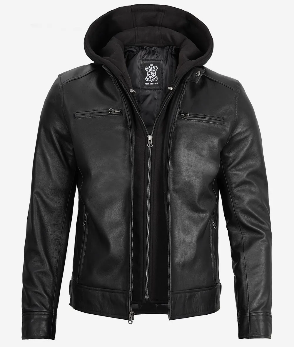 Men's Black Leather Jacket with Removable Hood