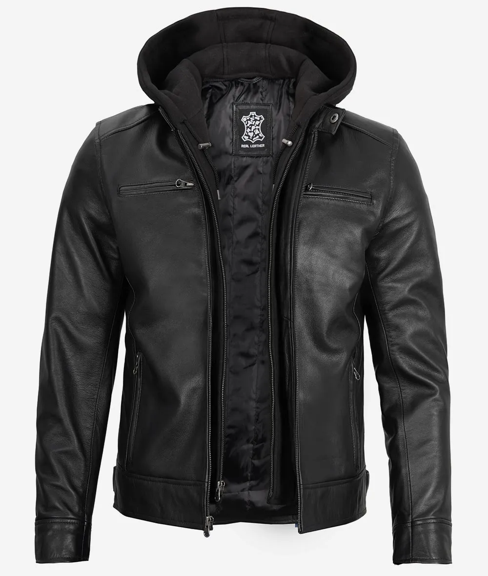 Men's Black Leather Jacket with Removable Hood