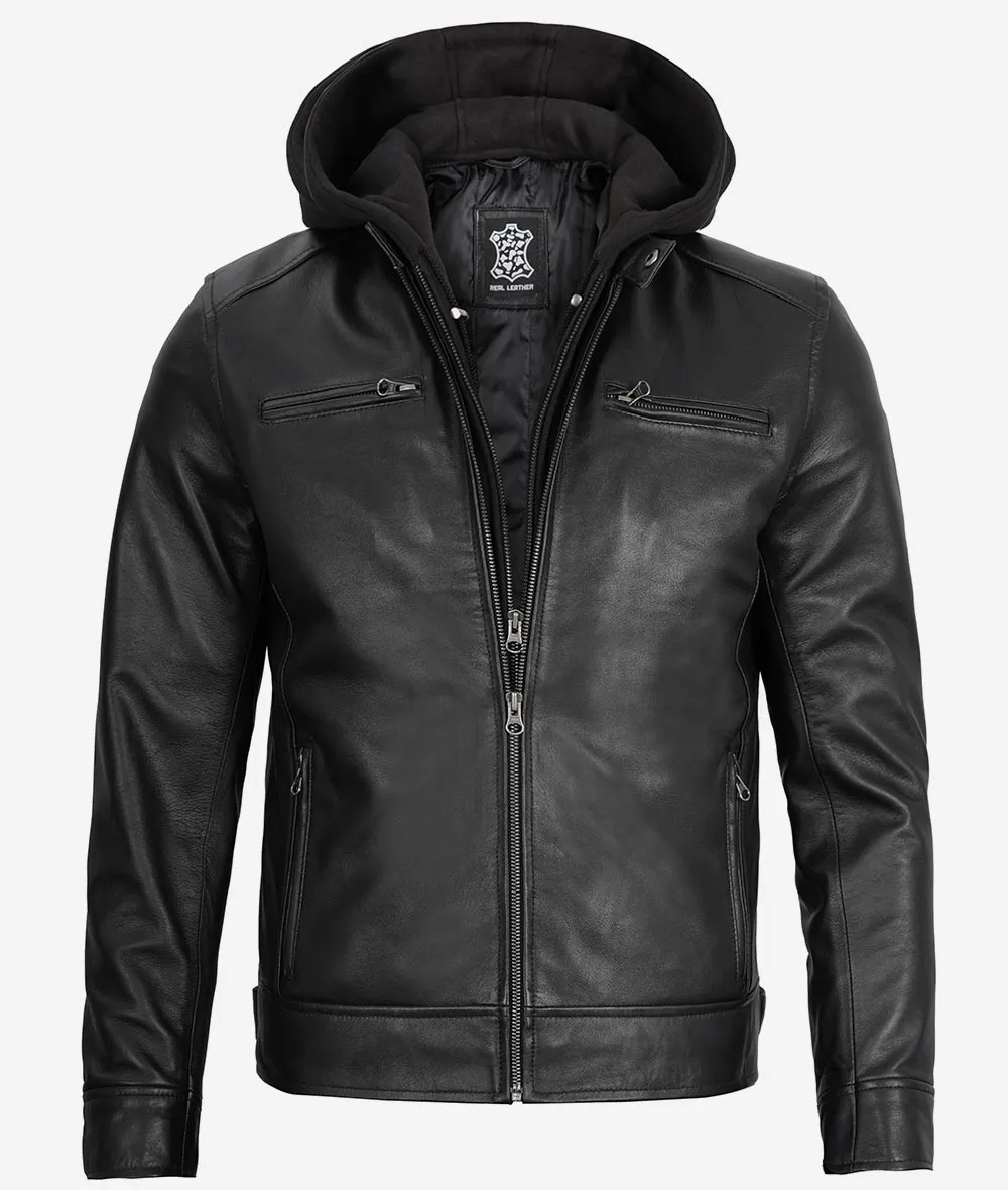 Men's Black Leather Jacket with Removable Hood