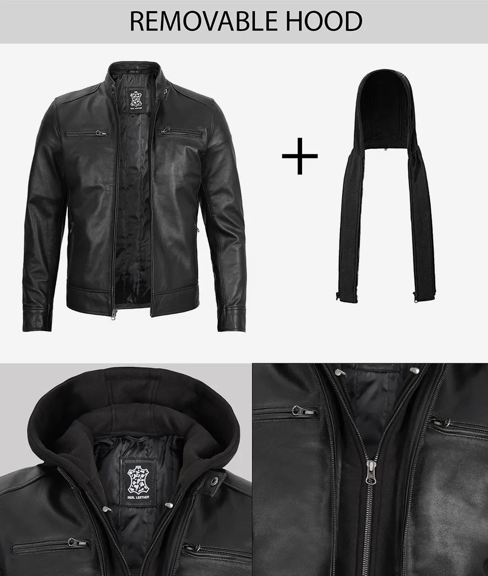 Men's Black Leather Jacket with Removable Hood