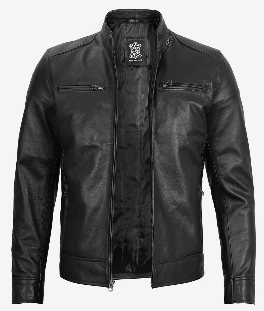 Men's Black Leather Jacket with Removable Hood